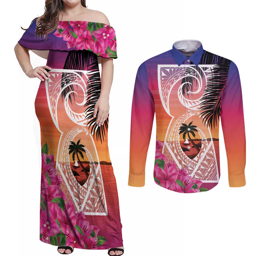 Guam Chamorro Couples Matching Off Shoulder Maxi Dress and Long Sleeve Button Shirt Artsy Latte Stone