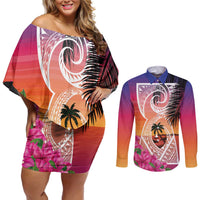Guam Chamorro Couples Matching Off Shoulder Short Dress and Long Sleeve Button Shirt Artsy Latte Stone