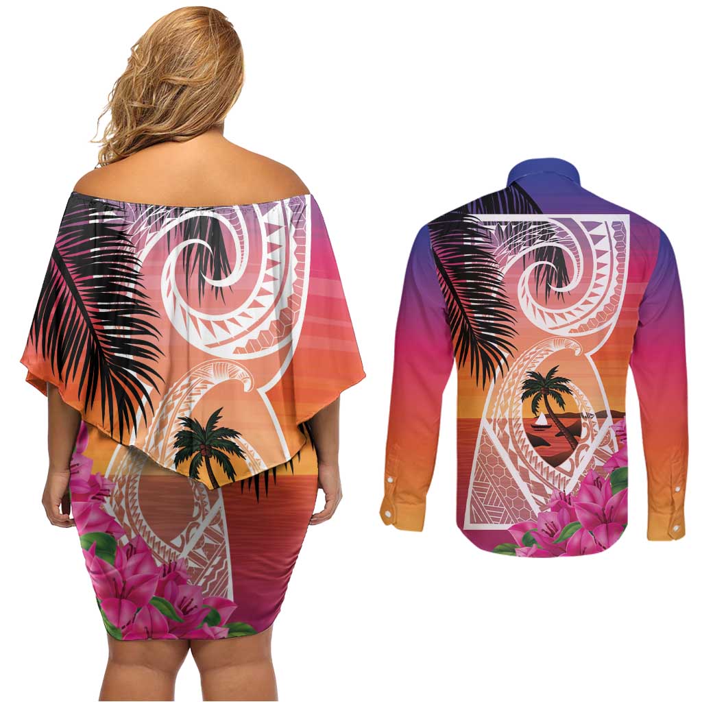 Guam Chamorro Couples Matching Off Shoulder Short Dress and Long Sleeve Button Shirt Artsy Latte Stone