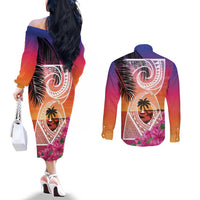 Guam Chamorro Couples Matching Off The Shoulder Long Sleeve Dress and Long Sleeve Button Shirt Artsy Latte Stone