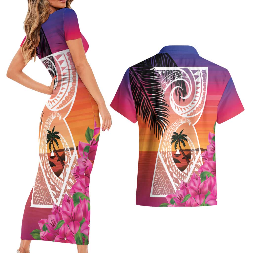 Guam Chamorro Couples Matching Short Sleeve Bodycon Dress and Hawaiian Shirt Artsy Latte Stone