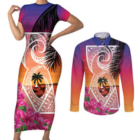 Guam Chamorro Couples Matching Short Sleeve Bodycon Dress and Long Sleeve Button Shirt Artsy Latte Stone