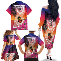 Guam Chamorro Family Matching Off The Shoulder Long Sleeve Dress and Hawaiian Shirt Artsy Latte Stone