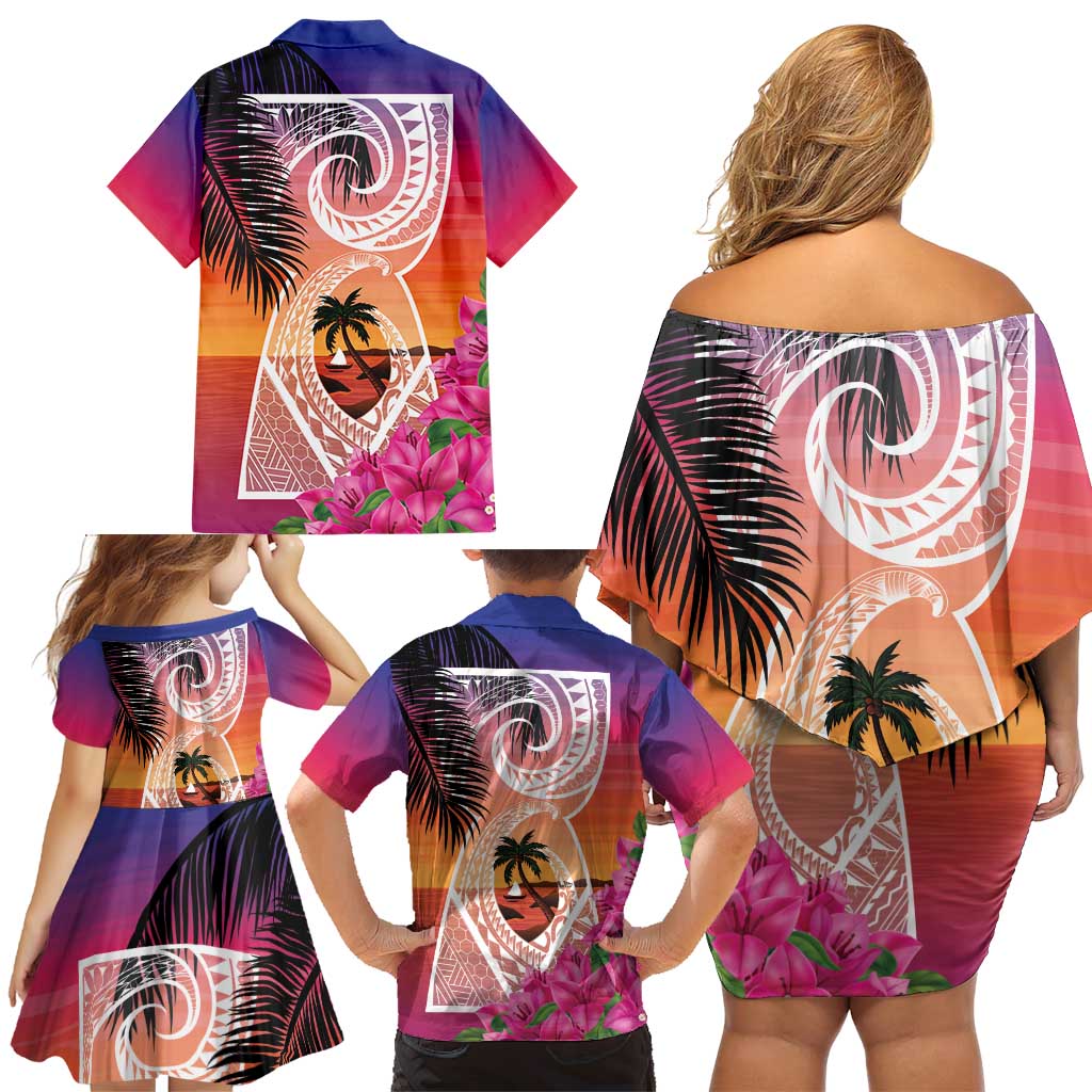 Guam Chamorro Family Matching Off Shoulder Short Dress and Hawaiian Shirt Artsy Latte Stone