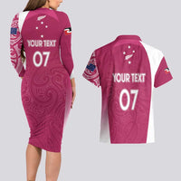 Personalised New Zealand Rugby Couples Matching Long Sleeve Bodycon Dress and Hawaiian Shirt Aotearoa Champions - Pink Version