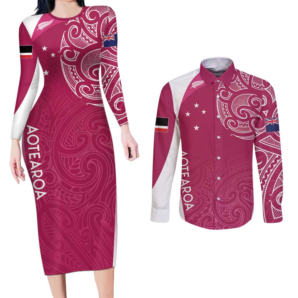 Personalised New Zealand Rugby Couples Matching Long Sleeve Bodycon Dress and Long Sleeve Button Shirt Aotearoa Champions - Pink Version