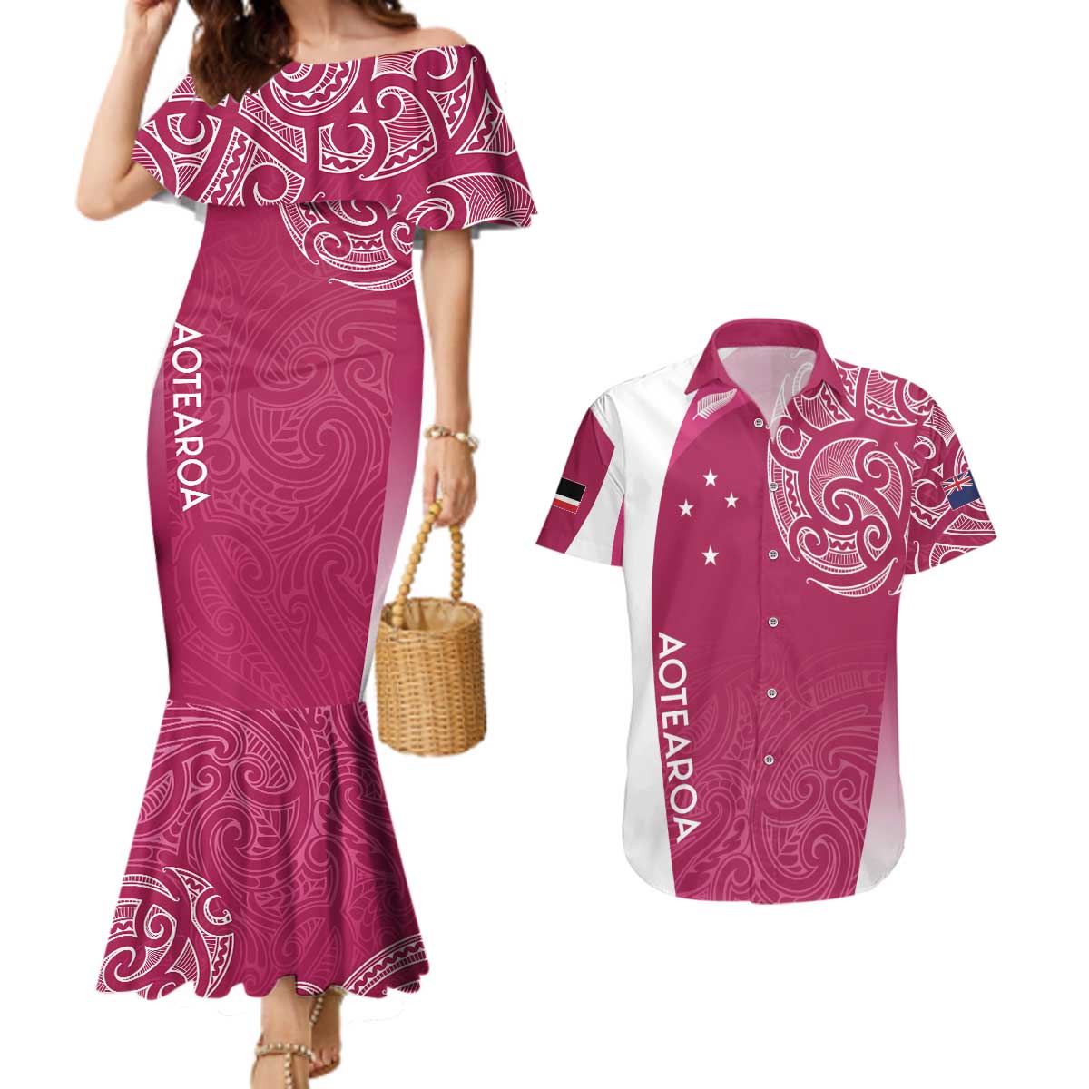 Personalised New Zealand Rugby Couples Matching Mermaid Dress and Hawaiian Shirt Aotearoa Champions - Pink Version