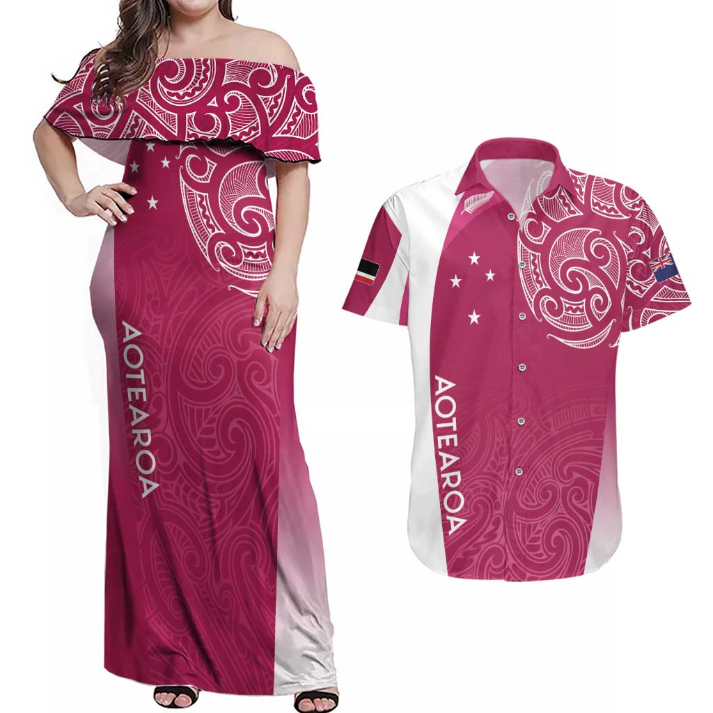 Personalised New Zealand Rugby Couples Matching Off Shoulder Maxi Dress and Hawaiian Shirt Aotearoa Champions - Pink Version