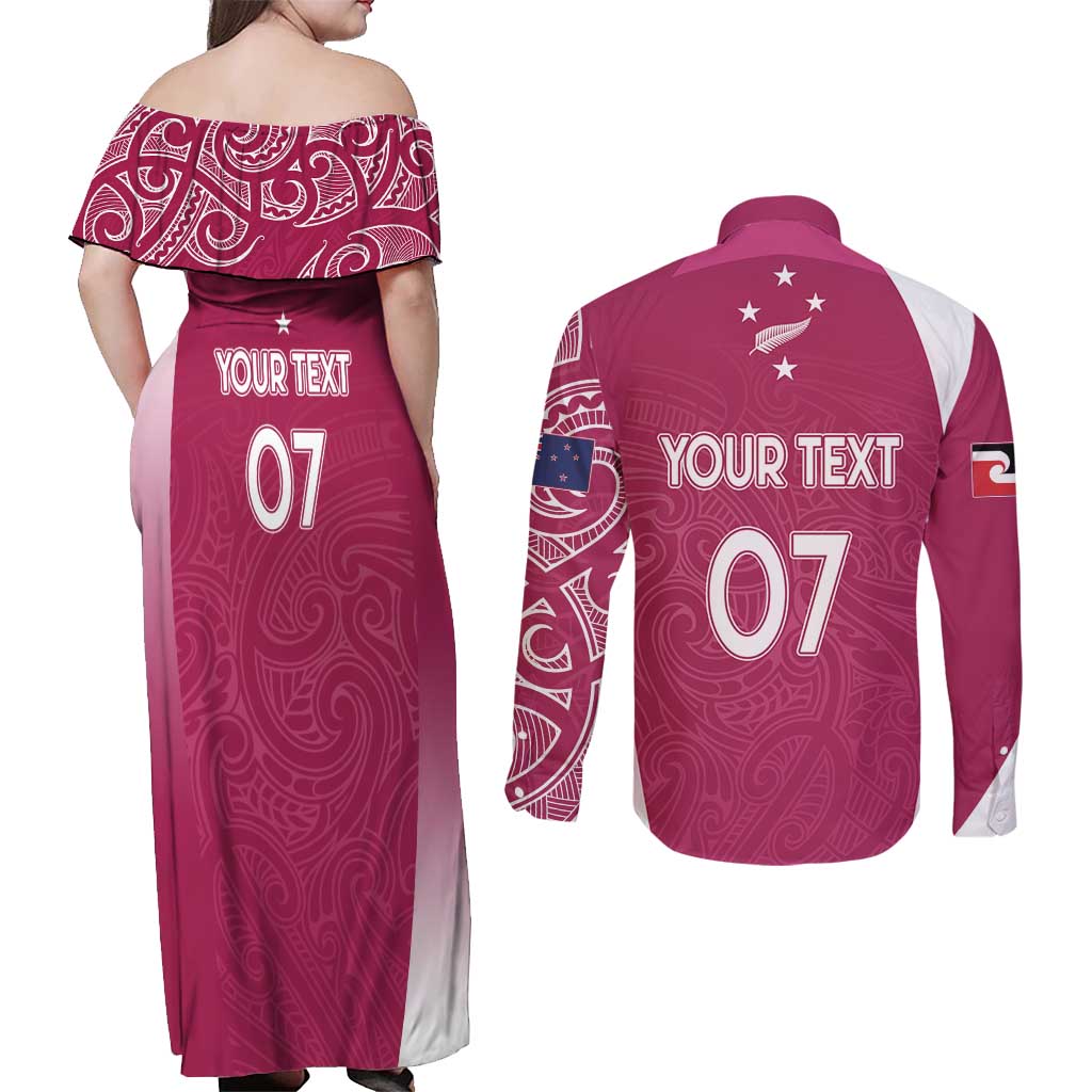Personalised New Zealand Rugby Couples Matching Off Shoulder Maxi Dress and Long Sleeve Button Shirt Aotearoa Champions - Pink Version