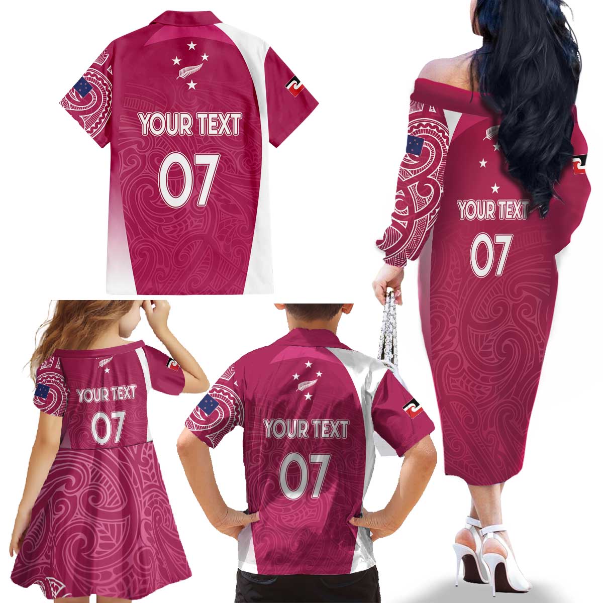 Personalised New Zealand Rugby Family Matching Off The Shoulder Long Sleeve Dress and Hawaiian Shirt Aotearoa Champions - Pink Version