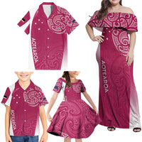 Personalised New Zealand Rugby Family Matching Off Shoulder Maxi Dress and Hawaiian Shirt Aotearoa Champions - Pink Version