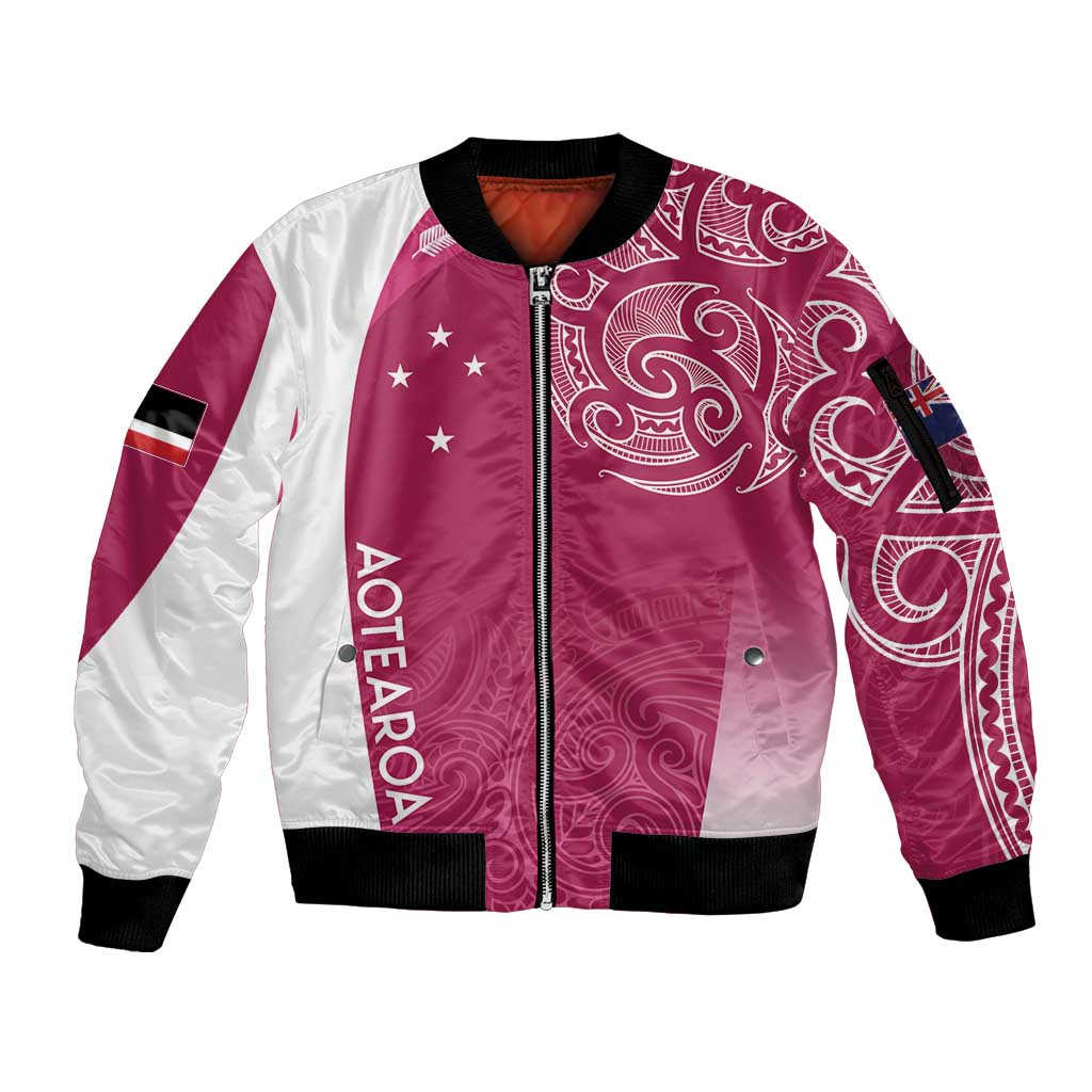 Personalised New Zealand Rugby Sleeve Zip Bomber Jacket Aotearoa Champions - Pink Version