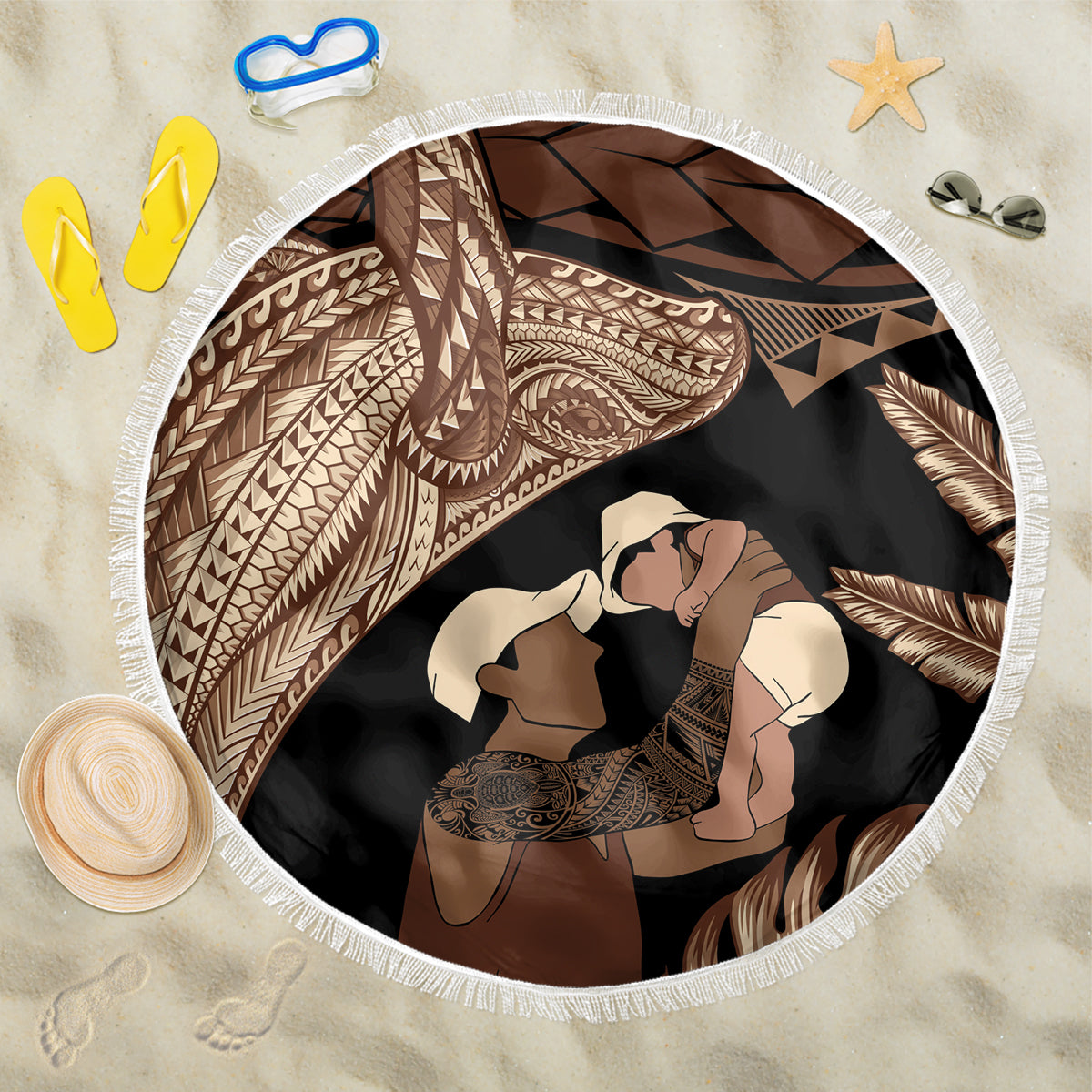 Father's Day Polynesian Pattern Beach Blanket Tropical Humpback Whale