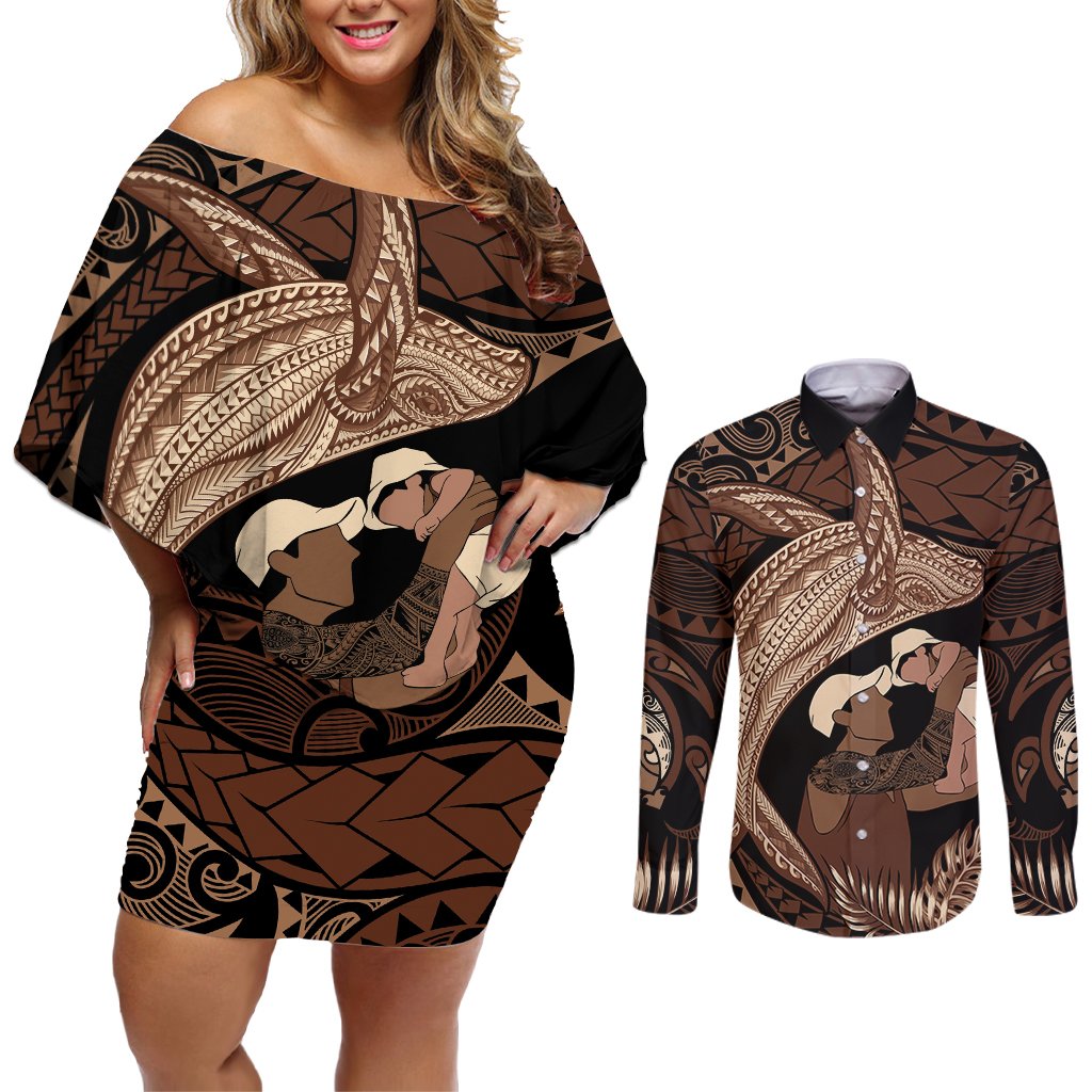 Father's Day Polynesian Pattern Couples Matching Off Shoulder Short Dress and Long Sleeve Button Shirt Tropical Humpback Whale