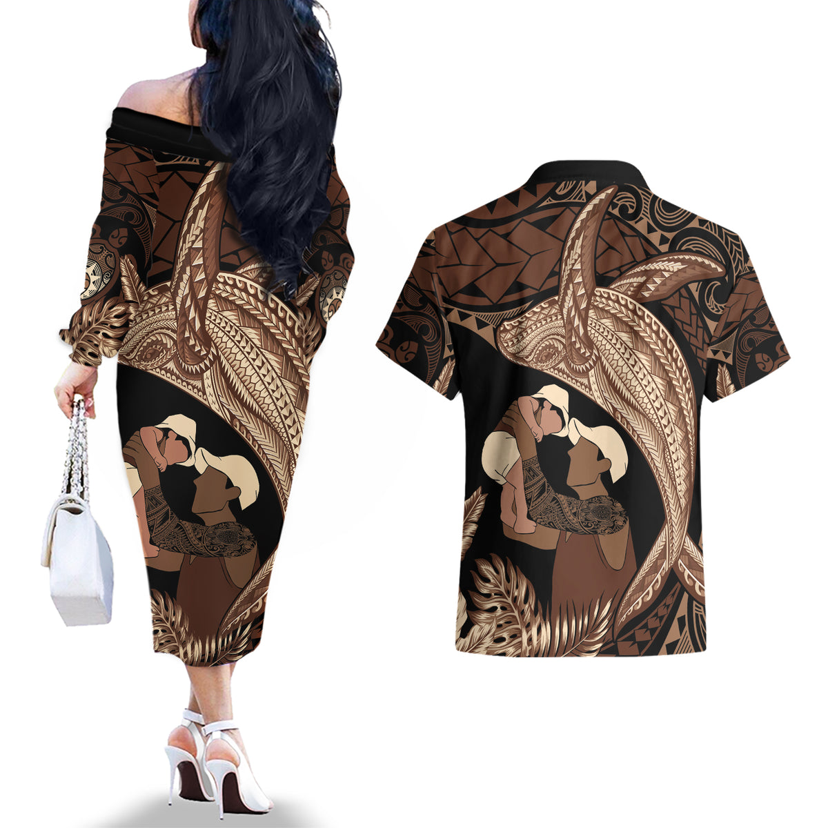 Father's Day Polynesian Pattern Couples Matching Off The Shoulder Long Sleeve Dress and Hawaiian Shirt Tropical Humpback Whale