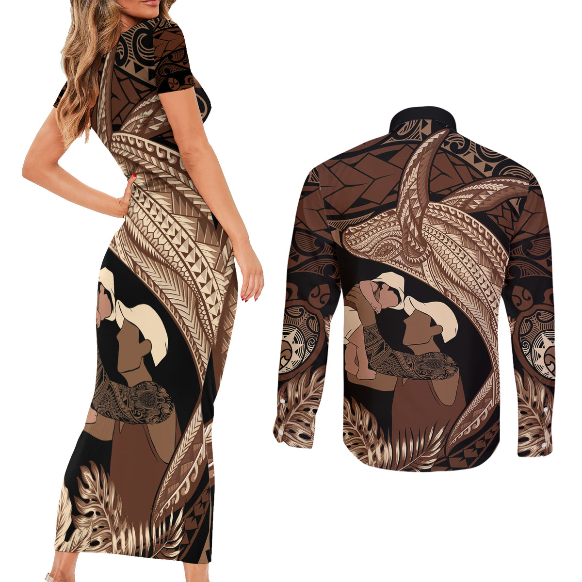 Father's Day Polynesian Pattern Couples Matching Short Sleeve Bodycon Dress and Long Sleeve Button Shirt Tropical Humpback Whale