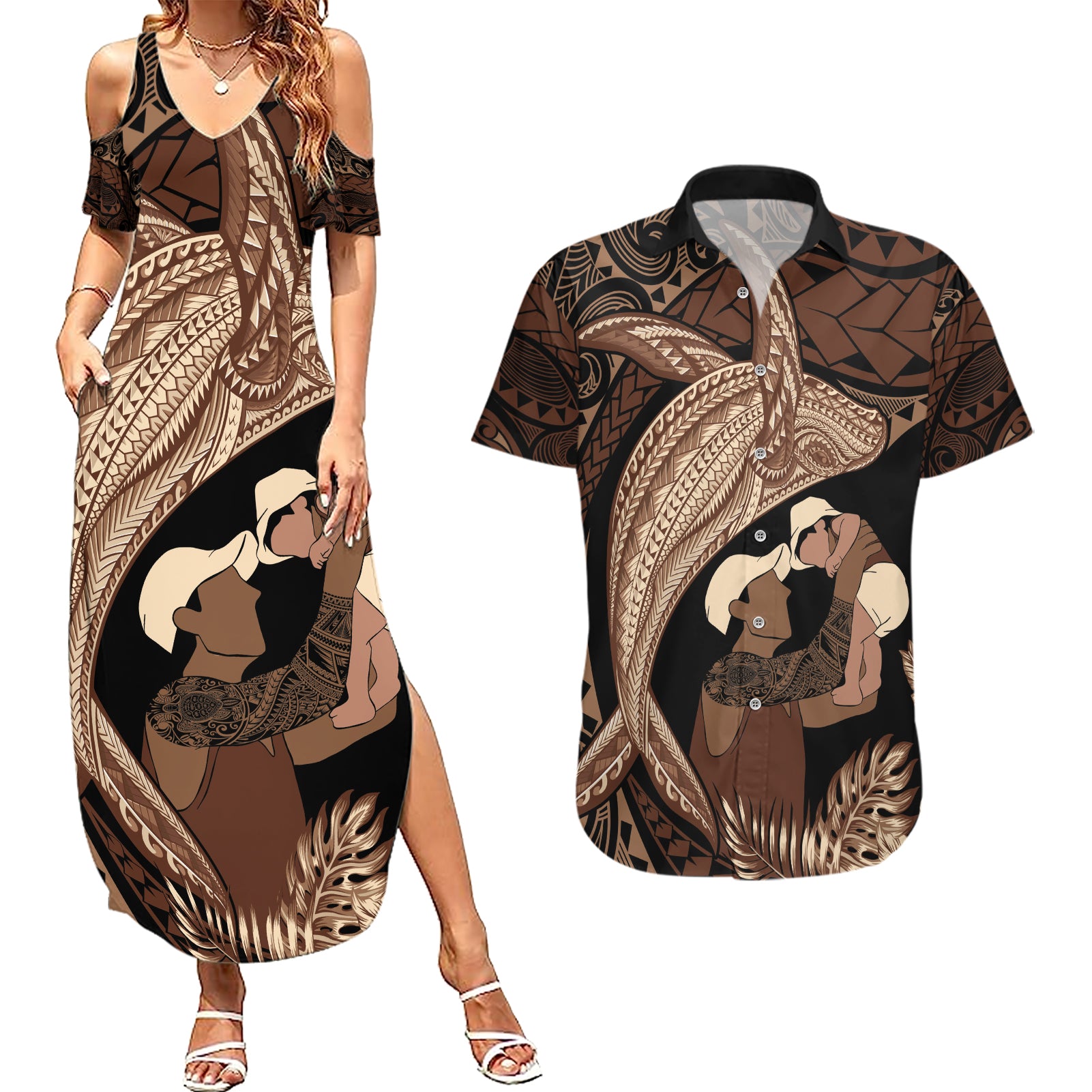 Father's Day Polynesian Pattern Couples Matching Summer Maxi Dress and Hawaiian Shirt Tropical Humpback Whale