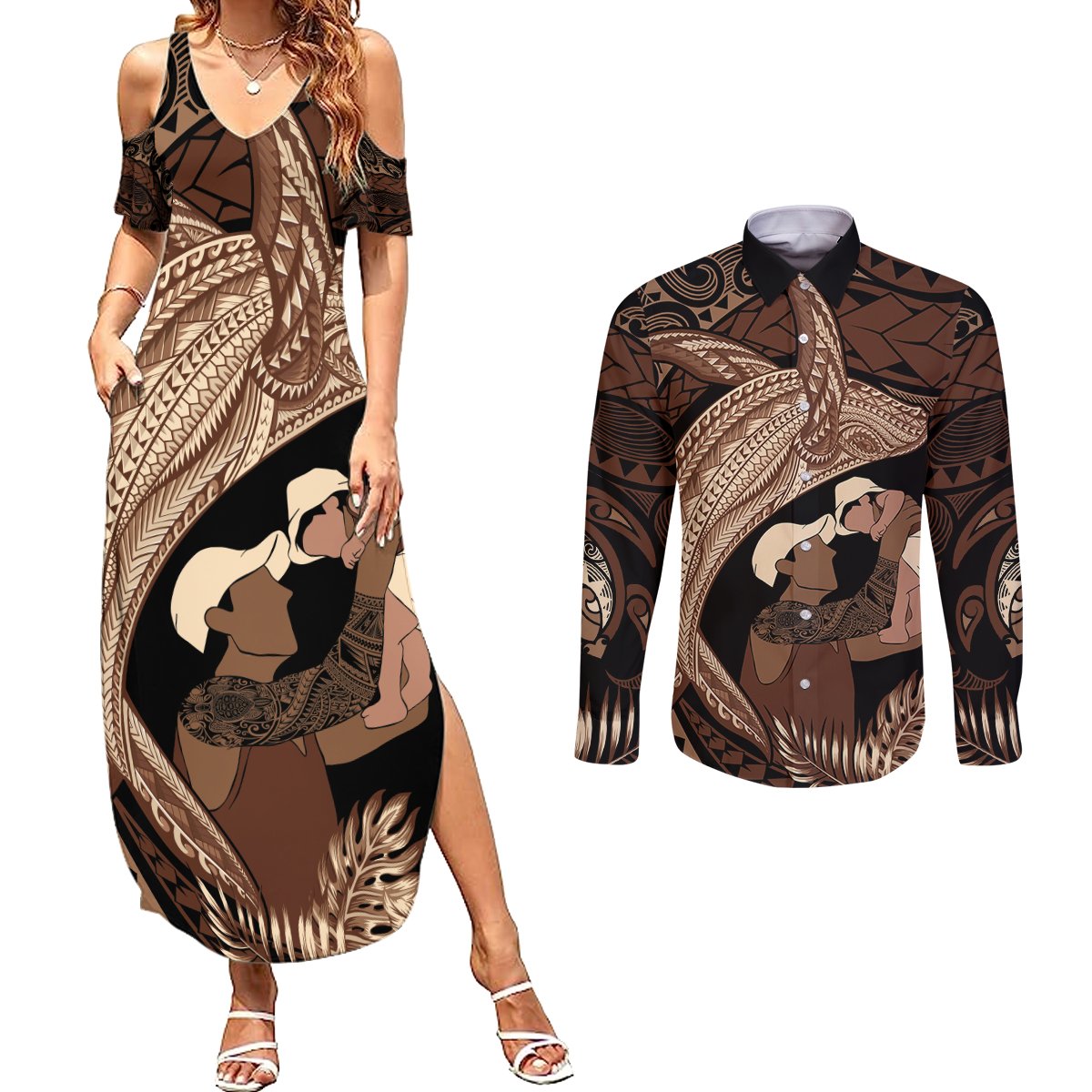 Father's Day Polynesian Pattern Couples Matching Summer Maxi Dress and Long Sleeve Button Shirt Tropical Humpback Whale