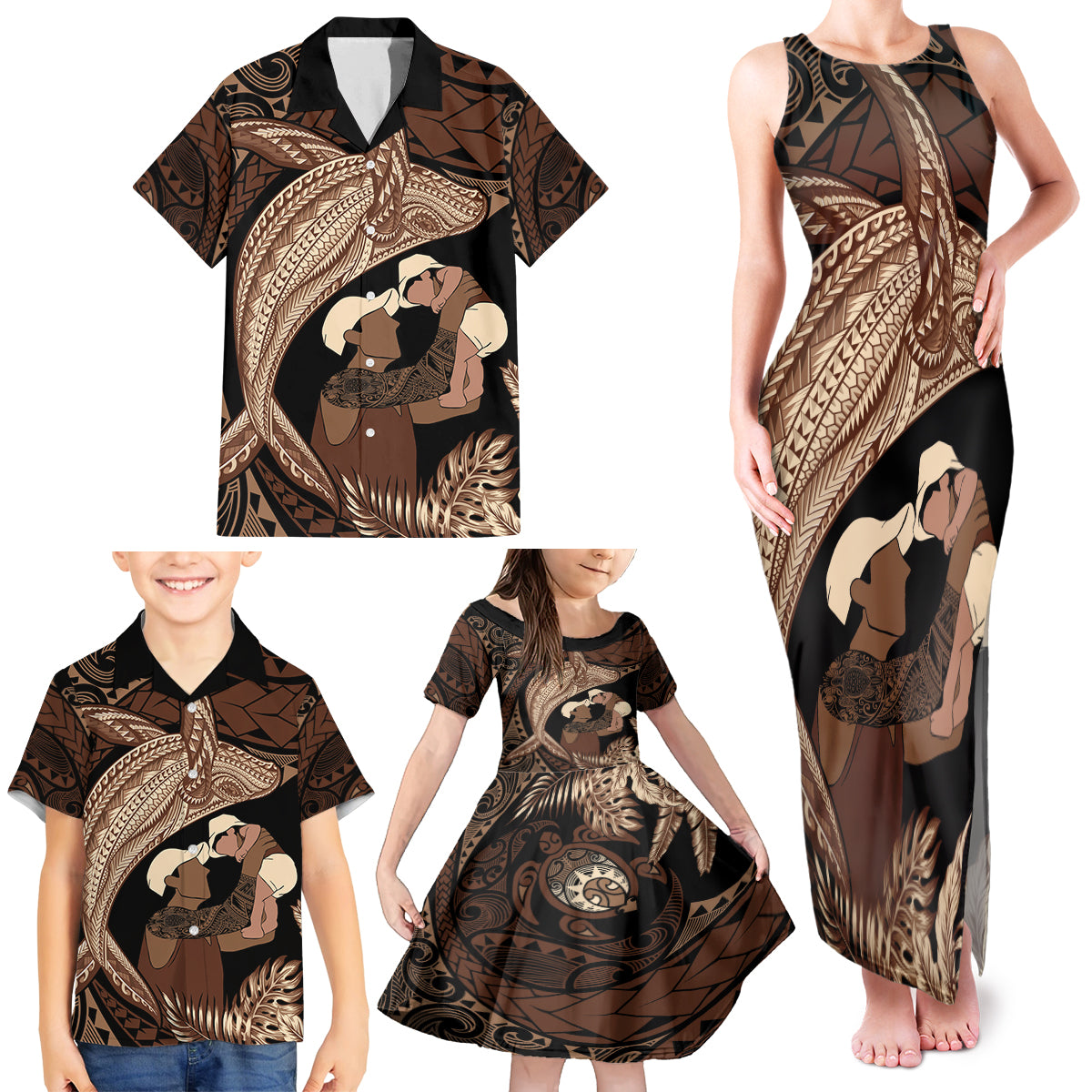 Father's Day Polynesian Pattern Family Matching Tank Maxi Dress and Hawaiian Shirt Tropical Humpback Whale