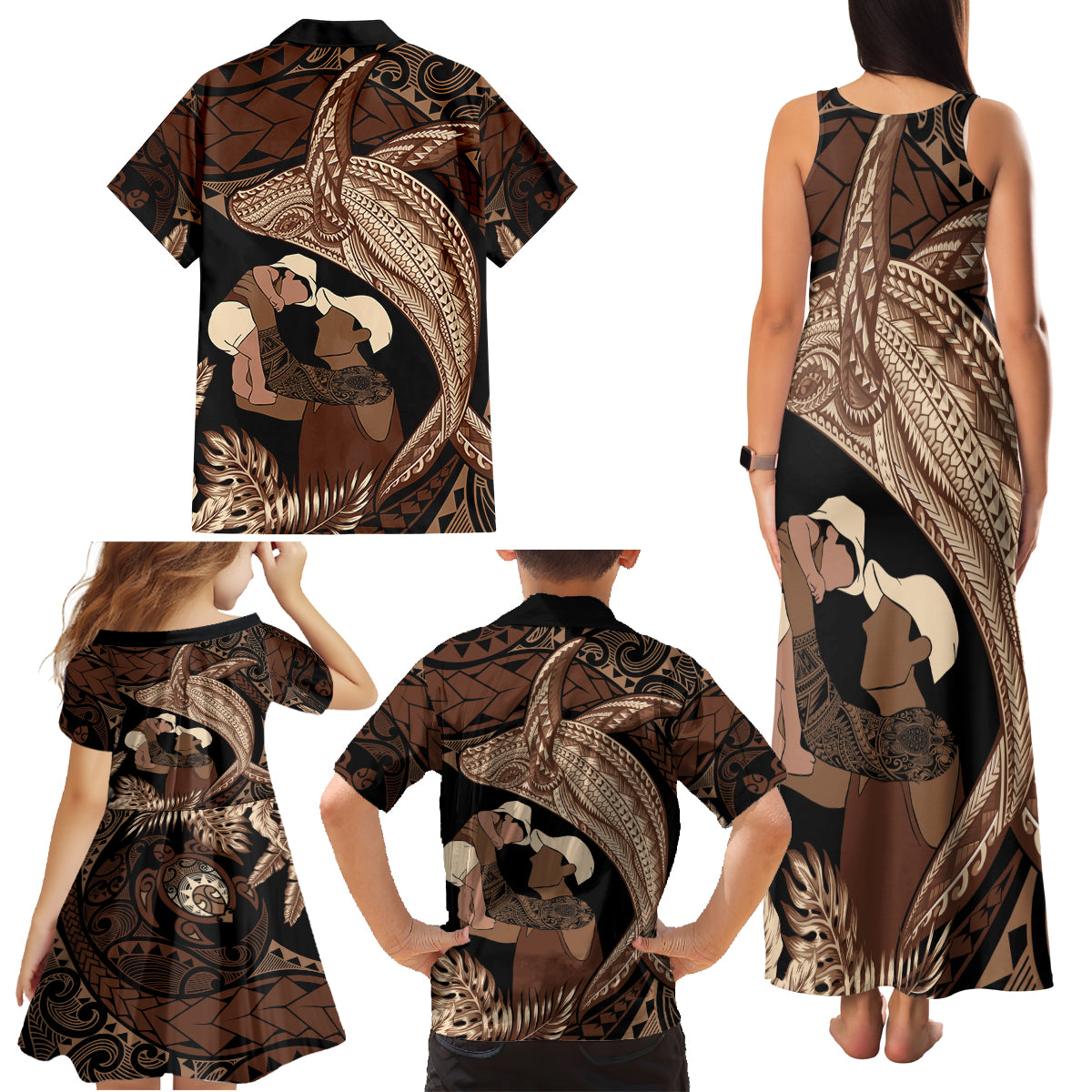 Father's Day Polynesian Pattern Family Matching Tank Maxi Dress and Hawaiian Shirt Tropical Humpback Whale