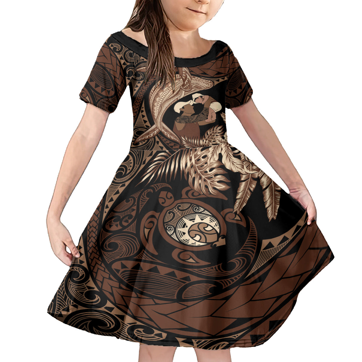 Father's Day Polynesian Pattern Kid Short Sleeve Dress Tropical Humpback Whale LT7 KID Brown - Polynesian Pride