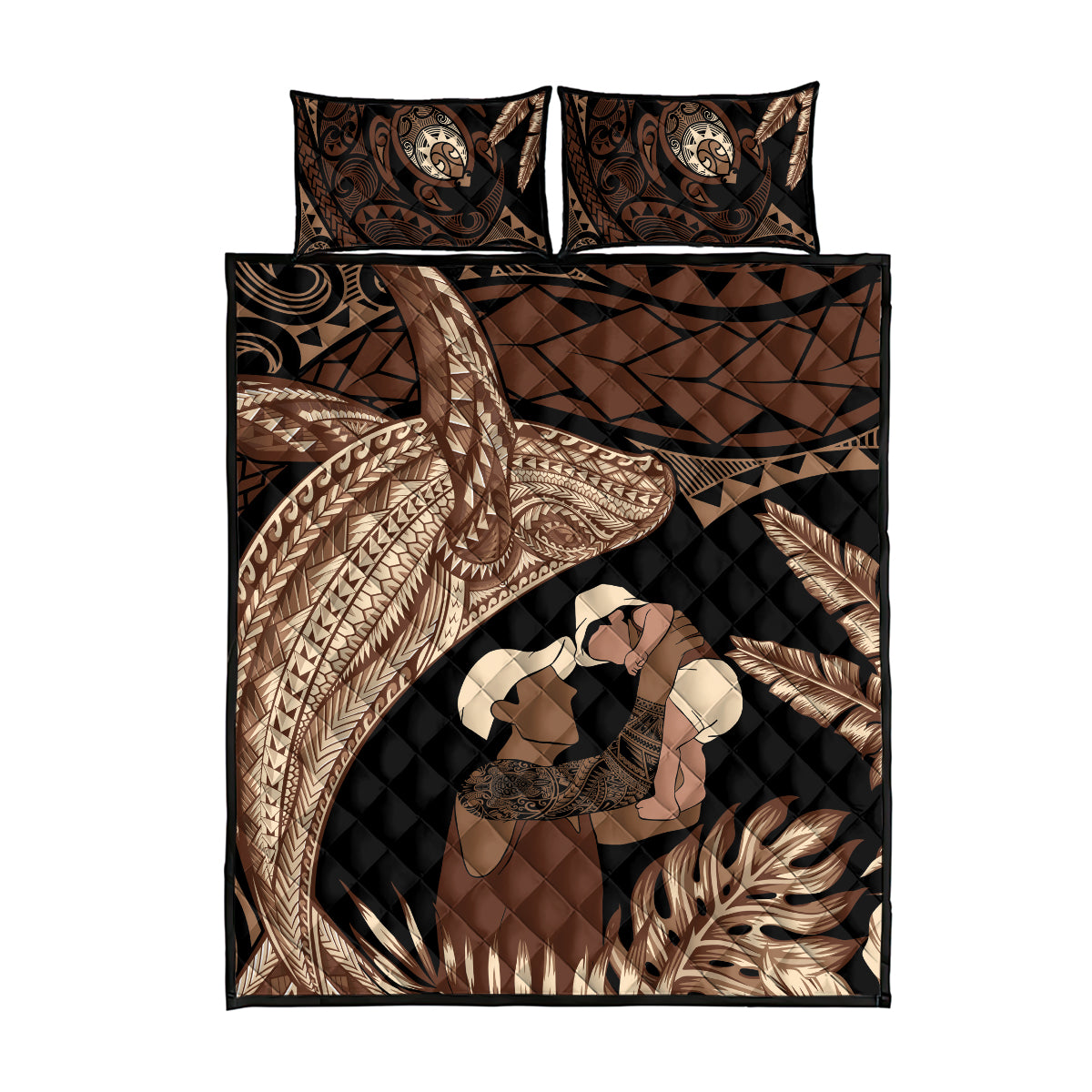 Father's Day Polynesian Pattern Quilt Bed Set Tropical Humpback Whale