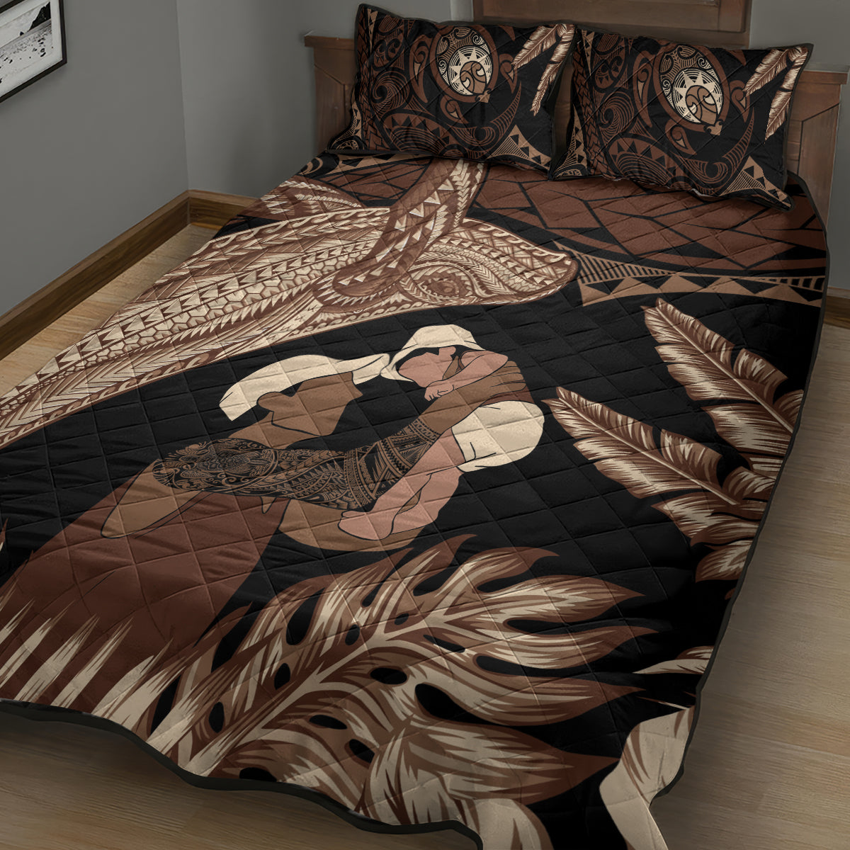 Father's Day Polynesian Pattern Quilt Bed Set Tropical Humpback Whale