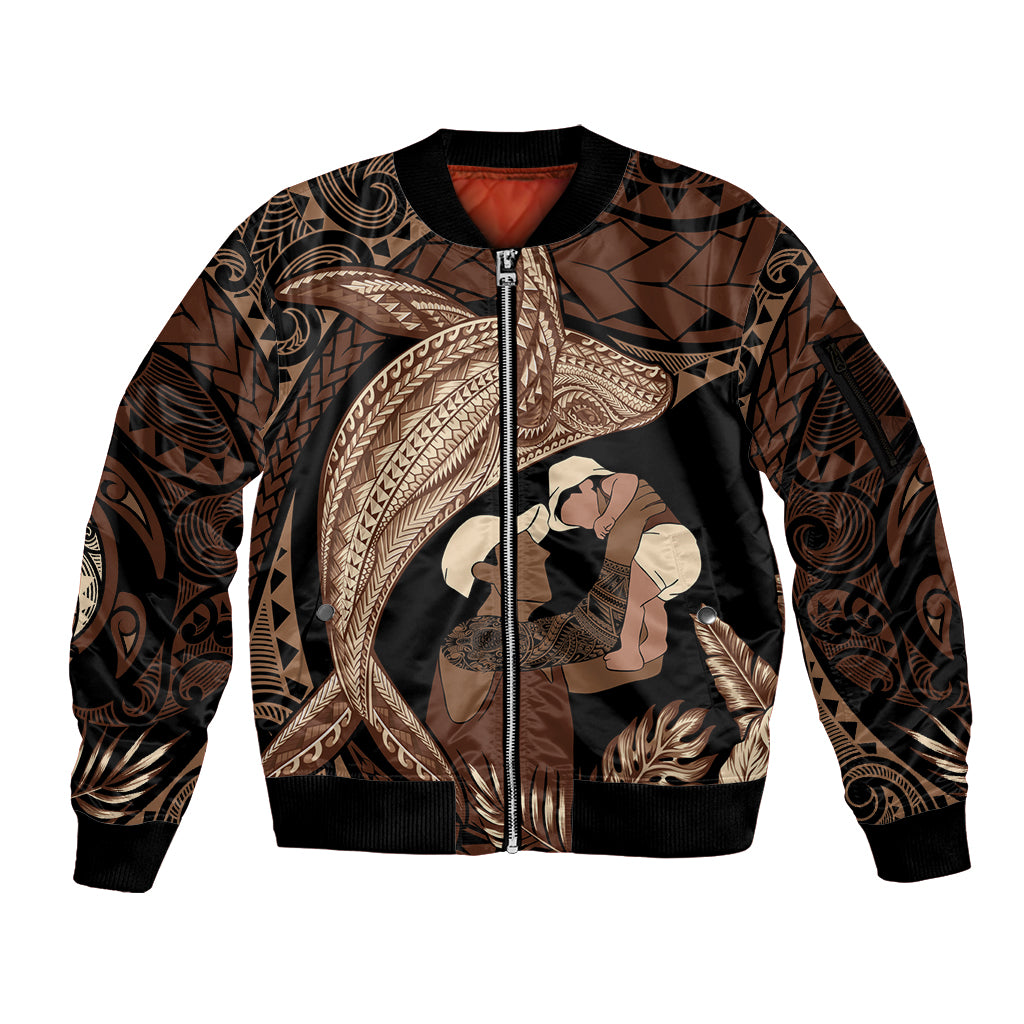 Father's Day Polynesian Pattern Sleeve Zip Bomber Jacket Tropical Humpback Whale