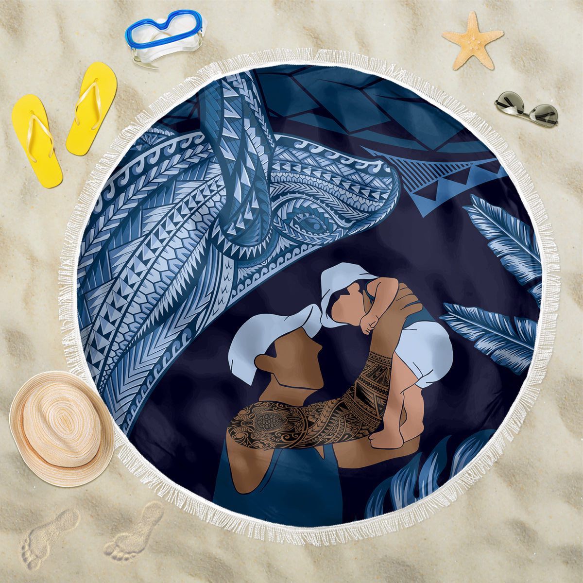 Father's Day Polynesian Pattern Beach Blanket Tropical Humpback Whale - Navy LT7 One Size 150cm Navy Blue - Polynesian Pride