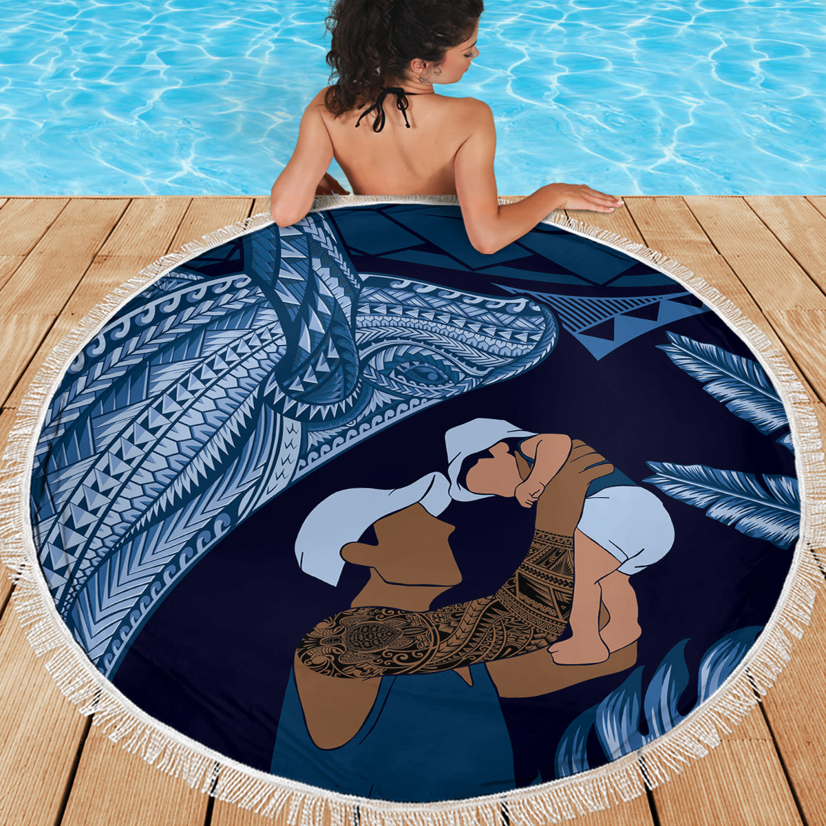 Father's Day Polynesian Pattern Beach Blanket Tropical Humpback Whale - Navy LT7 - Polynesian Pride