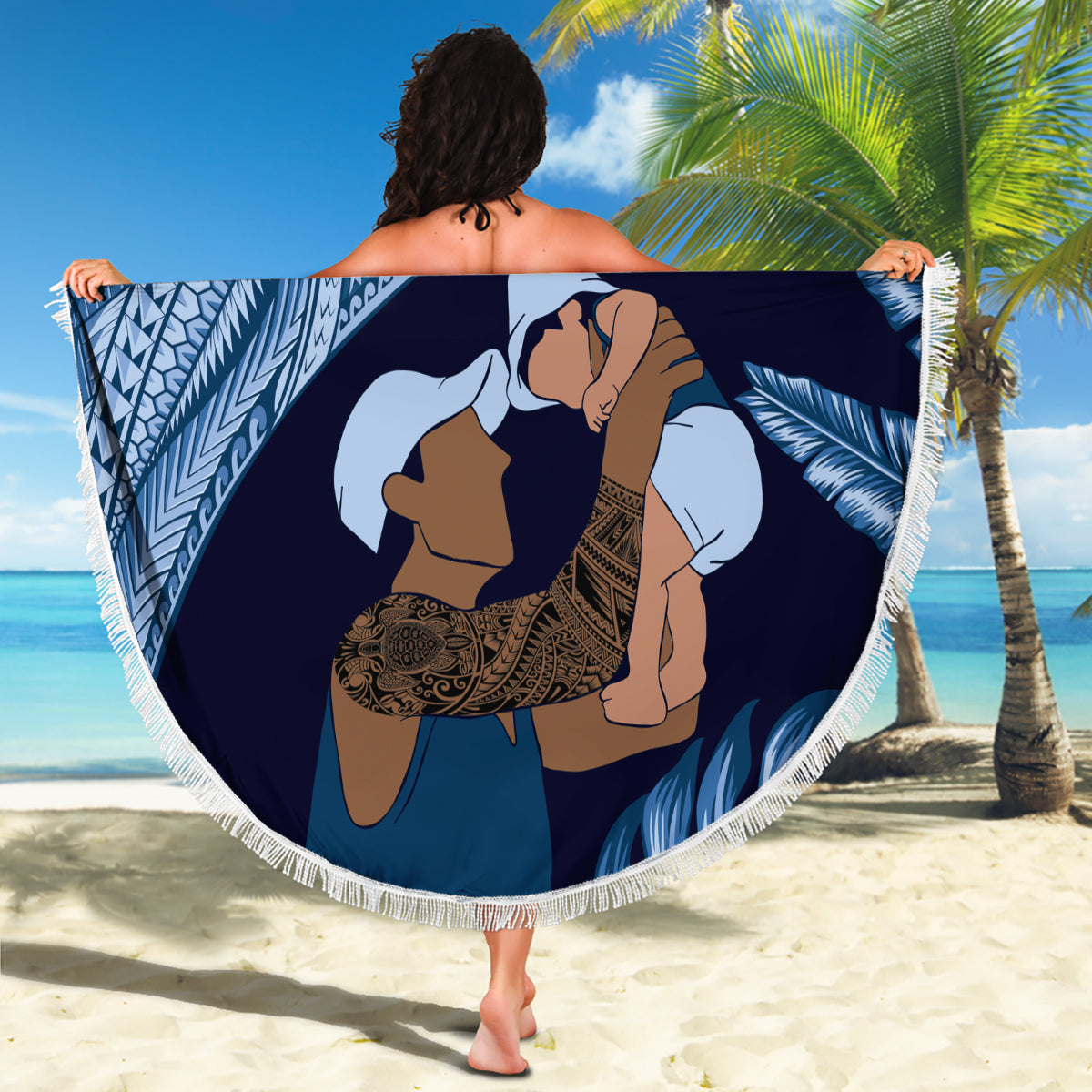 Father's Day Polynesian Pattern Beach Blanket Tropical Humpback Whale - Navy LT7 - Polynesian Pride