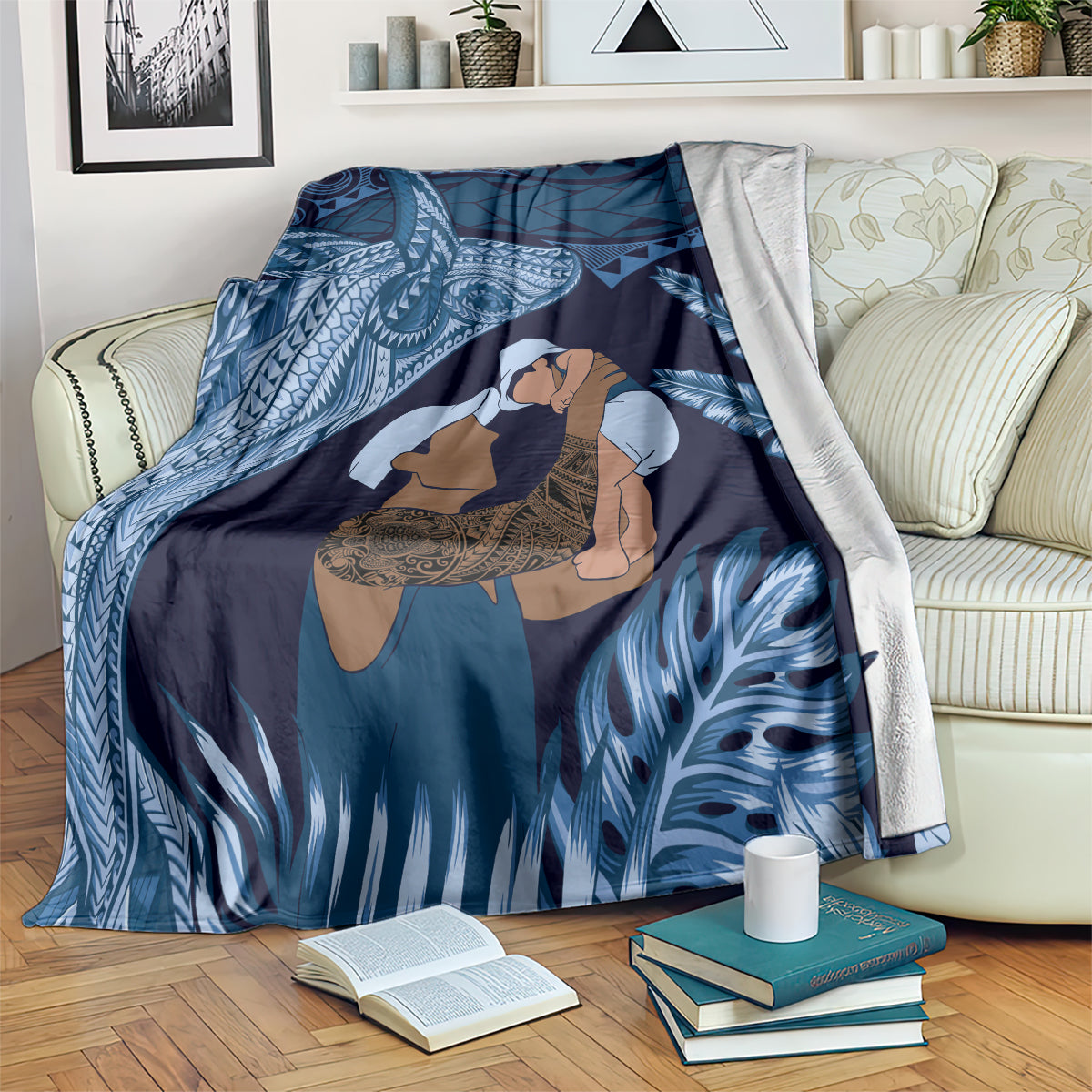 Father's Day Polynesian Pattern Blanket Tropical Humpback Whale - Navy LT7 Navy Blue - Polynesian Pride