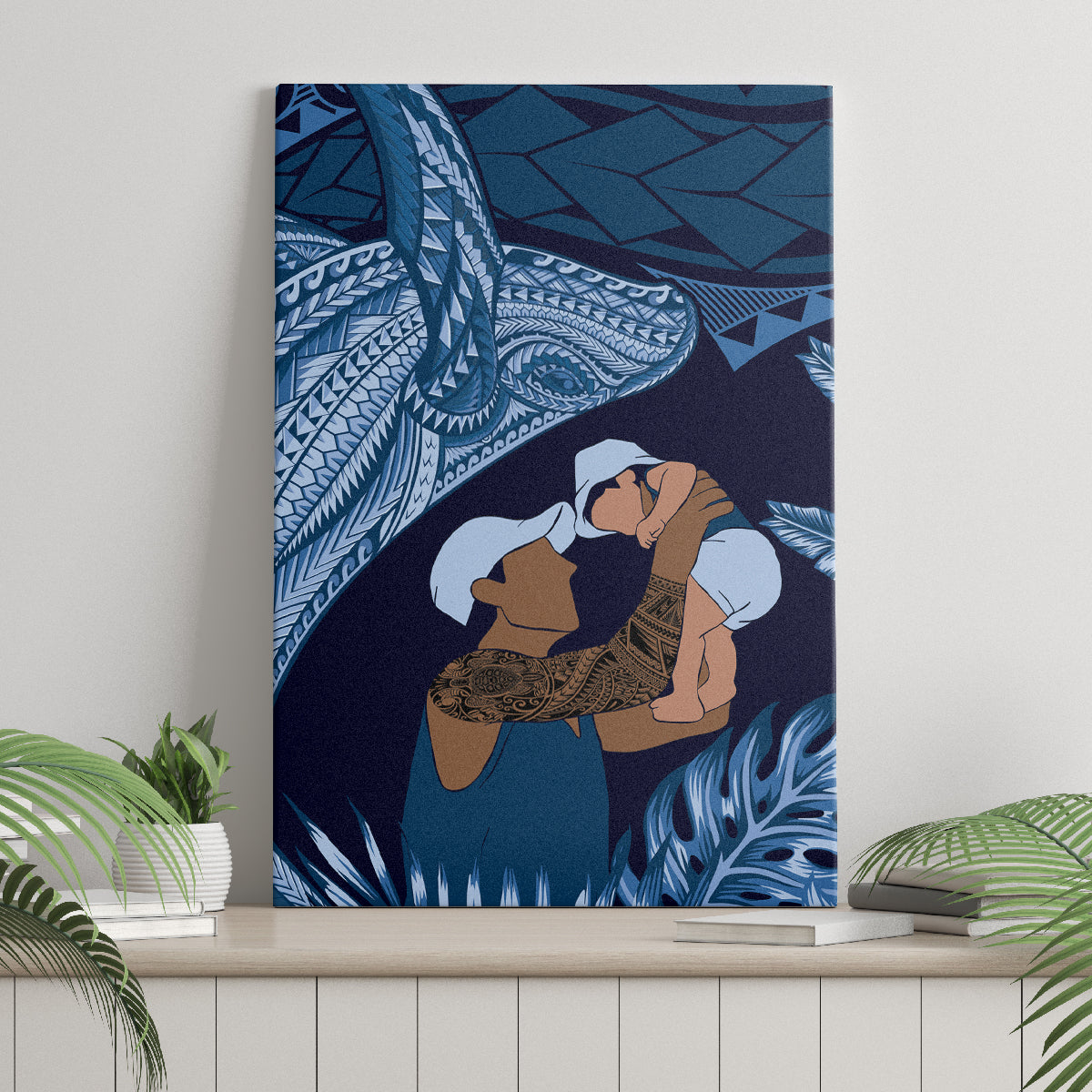 Father's Day Polynesian Pattern Canvas Wall Art Tropical Humpback Whale - Navy