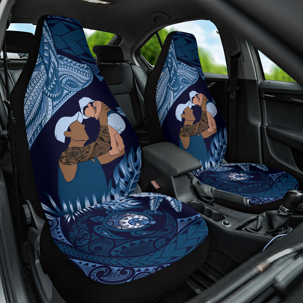 Father's Day Polynesian Pattern Car Seat Cover Tropical Humpback Whale - Navy