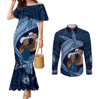 Father's Day Polynesian Pattern Couples Matching Mermaid Dress and Long Sleeve Button Shirt Tropical Humpback Whale - Navy LT7 Navy Blue - Polynesian Pride