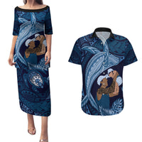 Father's Day Polynesian Pattern Couples Matching Puletasi and Hawaiian Shirt Tropical Humpback Whale - Navy
