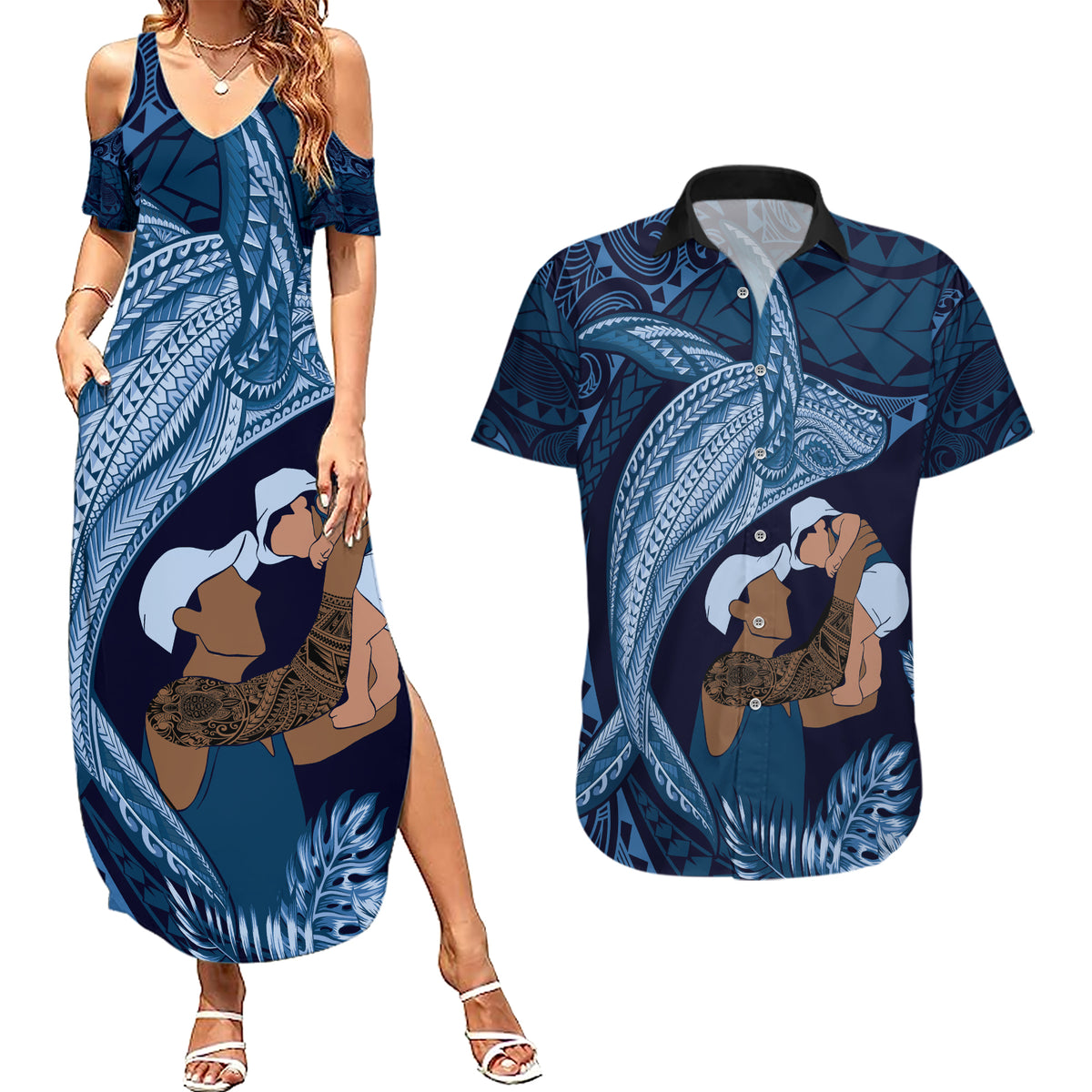 Father's Day Polynesian Pattern Couples Matching Summer Maxi Dress and Hawaiian Shirt Tropical Humpback Whale - Navy
