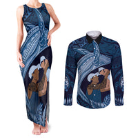 Father's Day Polynesian Pattern Couples Matching Tank Maxi Dress and Long Sleeve Button Shirt Tropical Humpback Whale - Navy