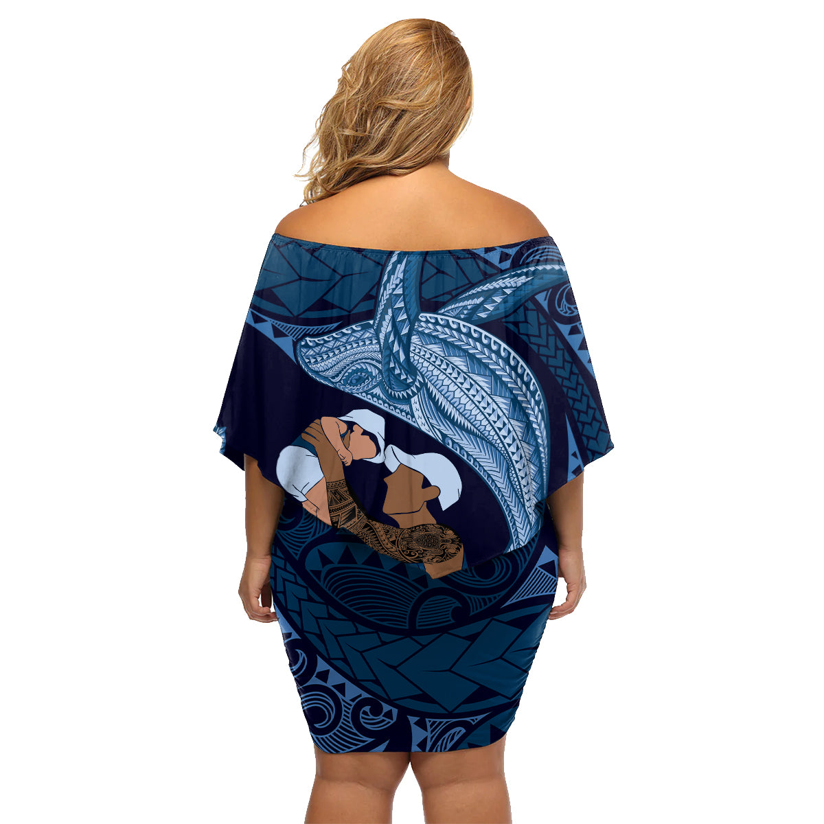 Father's Day Polynesian Pattern Family Matching Off Shoulder Short Dress and Hawaiian Shirt Tropical Humpback Whale - Navy