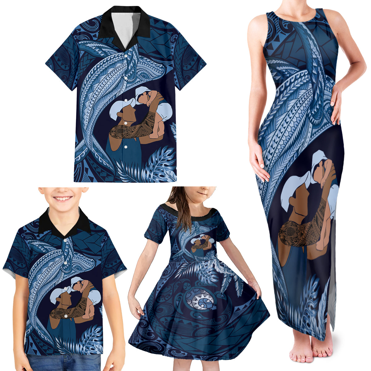 Father's Day Polynesian Pattern Family Matching Tank Maxi Dress and Hawaiian Shirt Tropical Humpback Whale - Navy