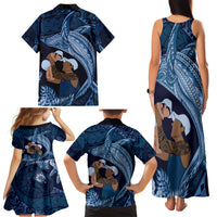Father's Day Polynesian Pattern Family Matching Tank Maxi Dress and Hawaiian Shirt Tropical Humpback Whale - Navy