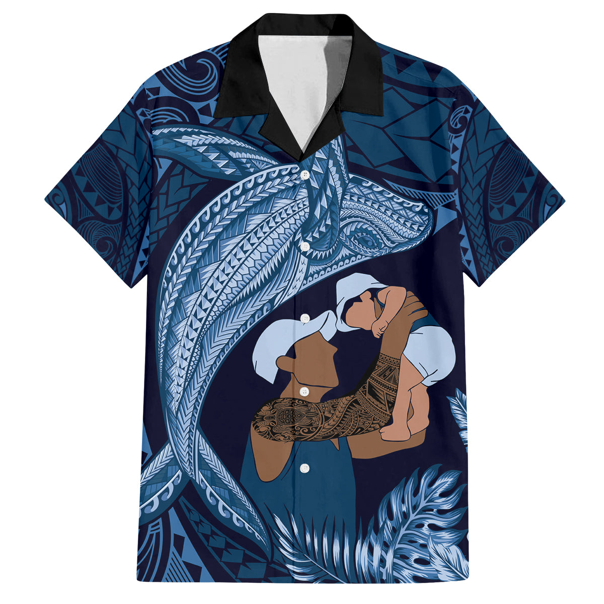 Father's Day Polynesian Pattern Family Matching Tank Maxi Dress and Hawaiian Shirt Tropical Humpback Whale - Navy