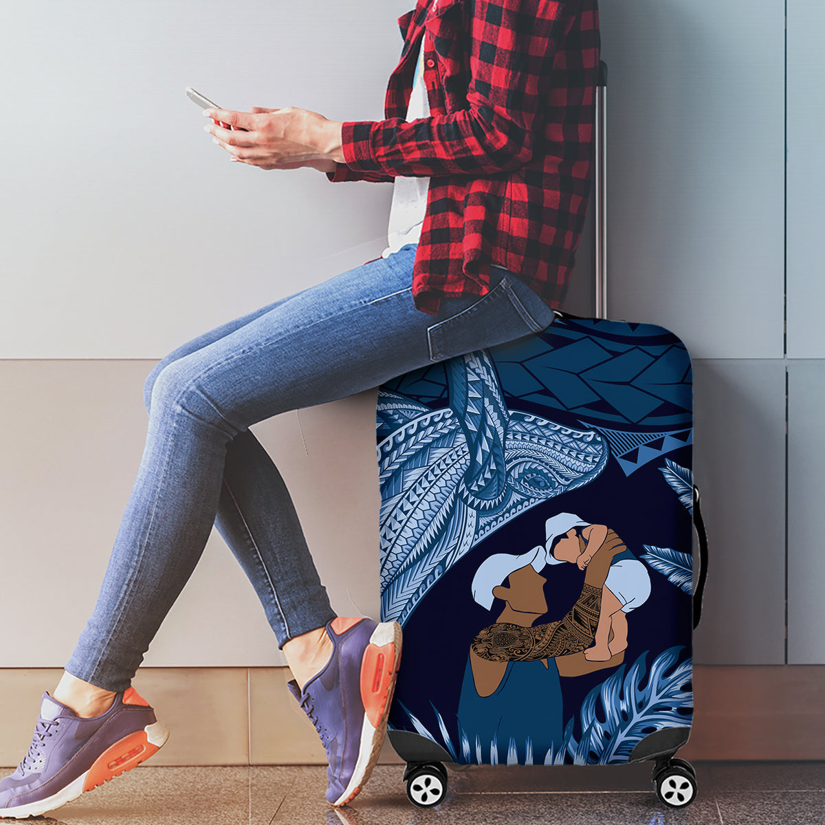 Father's Day Polynesian Pattern Luggage Cover Tropical Humpback Whale - Navy