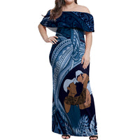 Father's Day Polynesian Pattern Off Shoulder Maxi Dress Tropical Humpback Whale - Navy
