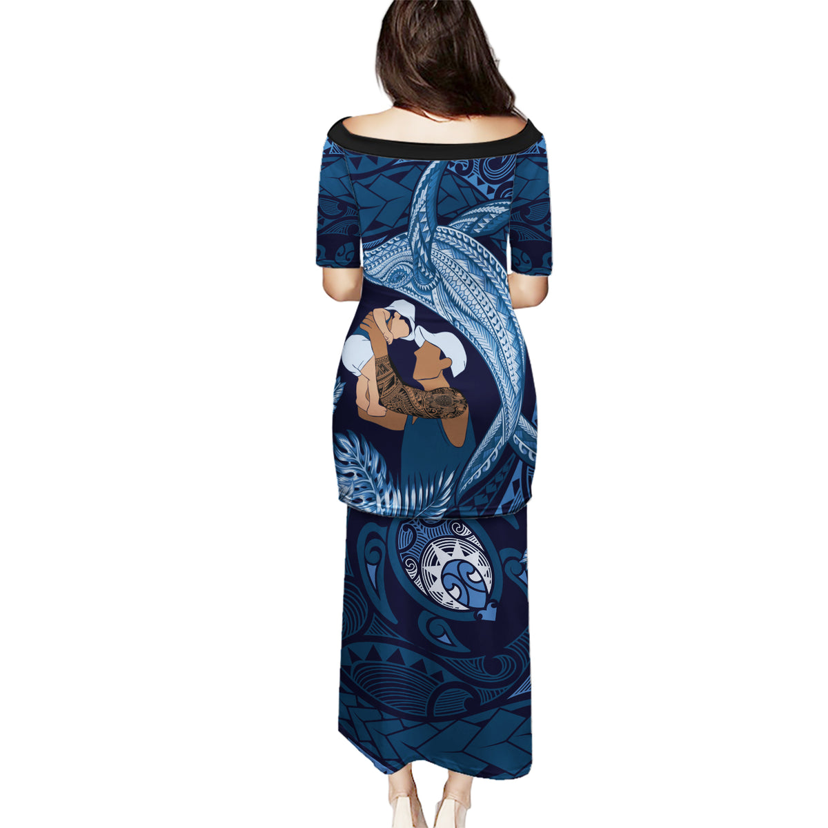 Father's Day Polynesian Pattern Puletasi Tropical Humpback Whale - Navy