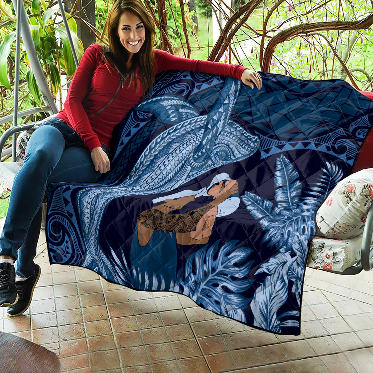 Father's Day Polynesian Pattern Quilt Tropical Humpback Whale - Navy LT7 - Polynesian Pride