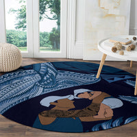 Father's Day Polynesian Pattern Round Carpet Tropical Humpback Whale - Navy