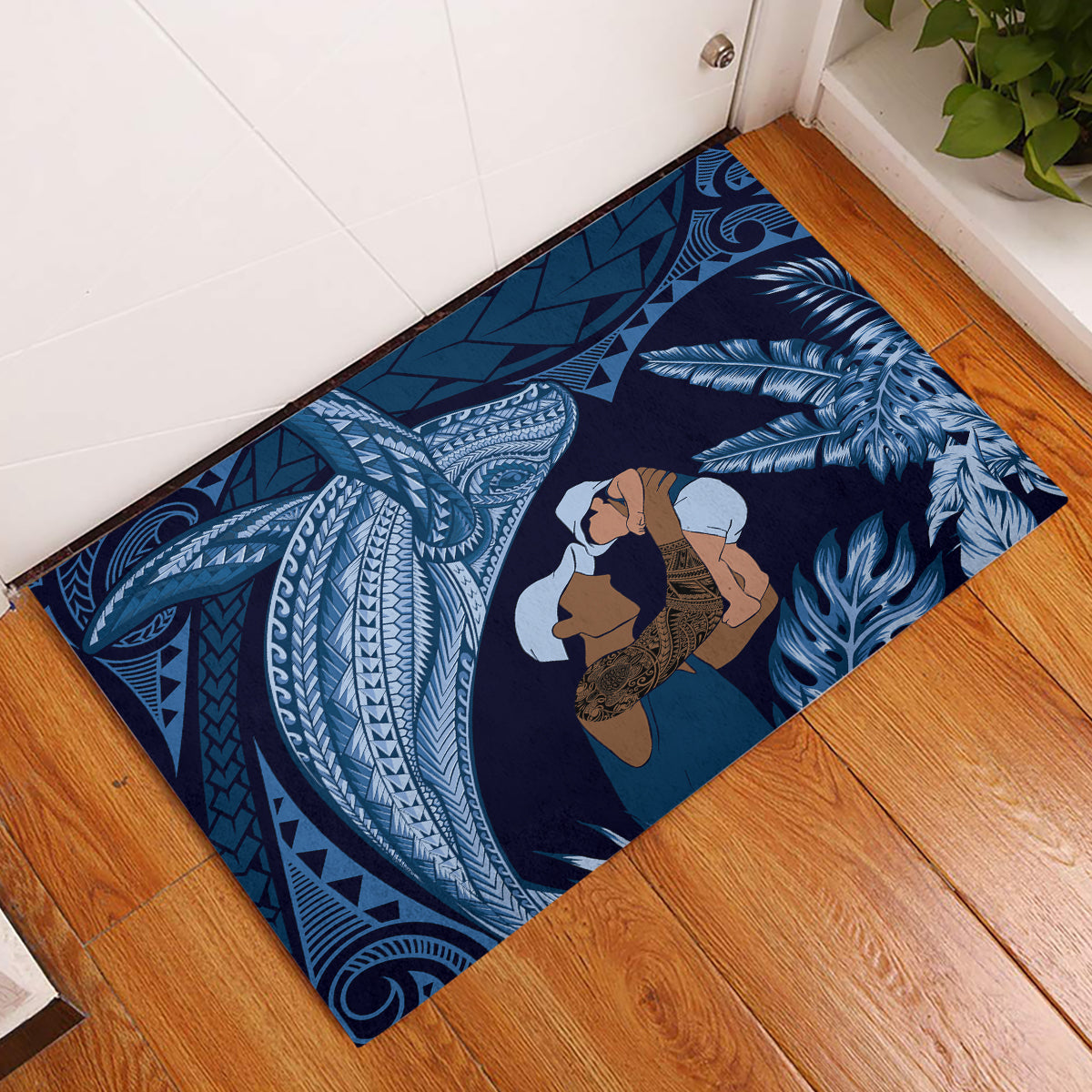 Father's Day Polynesian Pattern Rubber Doormat Tropical Humpback Whale - Navy LT7 Navy Blue - Polynesian Pride