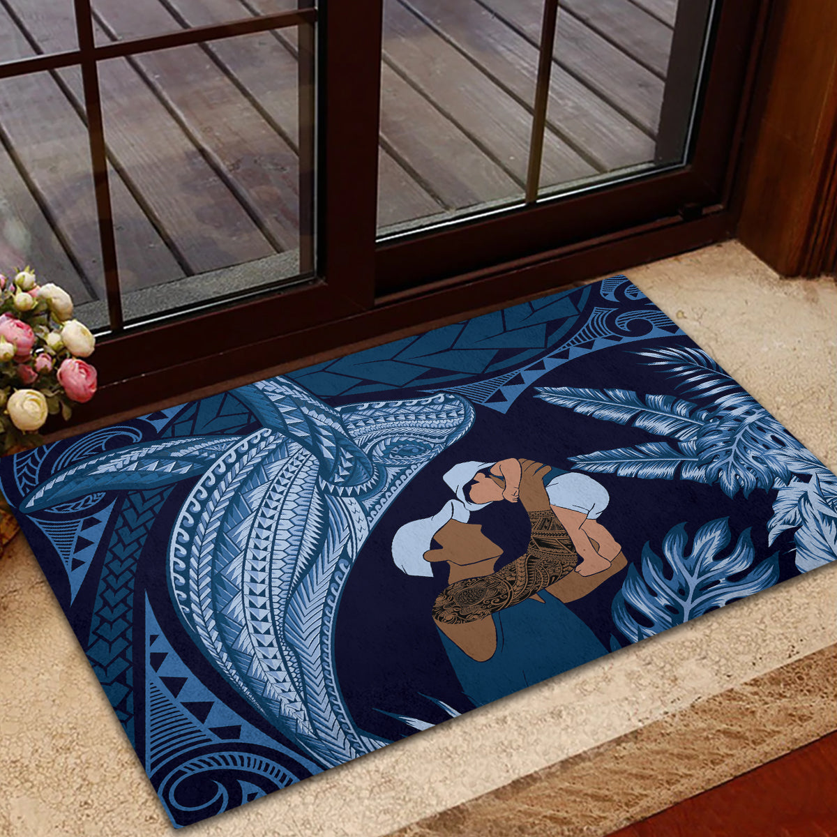 Father's Day Polynesian Pattern Rubber Doormat Tropical Humpback Whale - Navy LT7 - Polynesian Pride