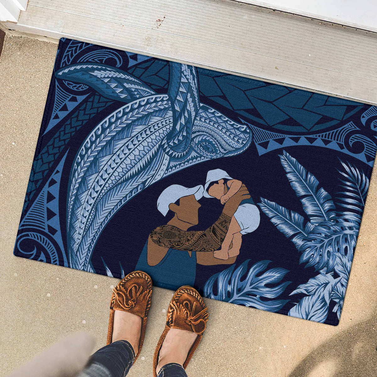 Father's Day Polynesian Pattern Rubber Doormat Tropical Humpback Whale - Navy LT7 - Polynesian Pride